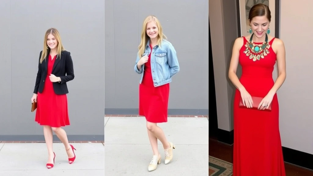 Red dress styled three ways: professional with blazer and heels, casual with denim jacket and sneakers, evening with statement jewelry and clutch