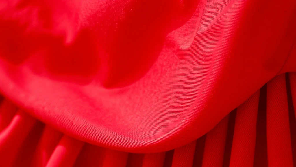 Close-up detail shot of red dress fabric texture and seaming, showing quality construction, natural daylight, professional garment photography, no tags visible