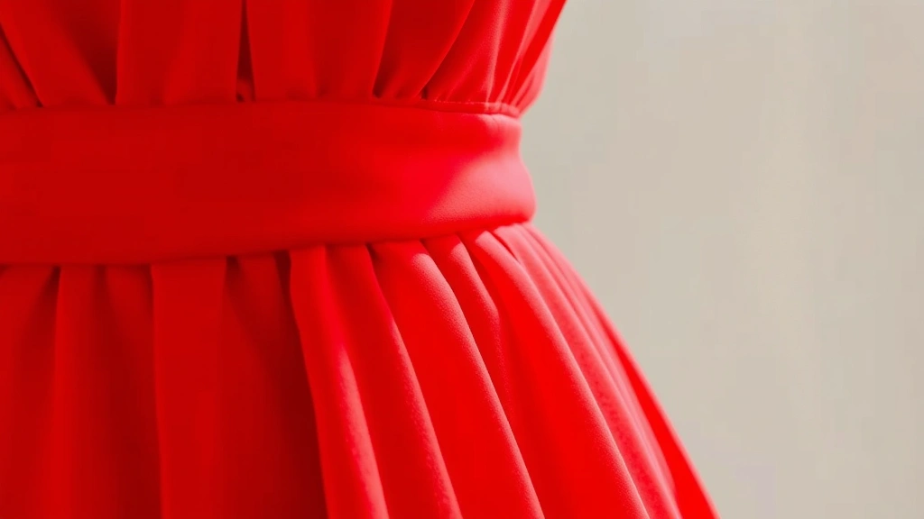 Close-up detail of Fashion Nova red dress fabric texture, showing quality construction, seaming detail, draping, natural lighting, fashion garment photography