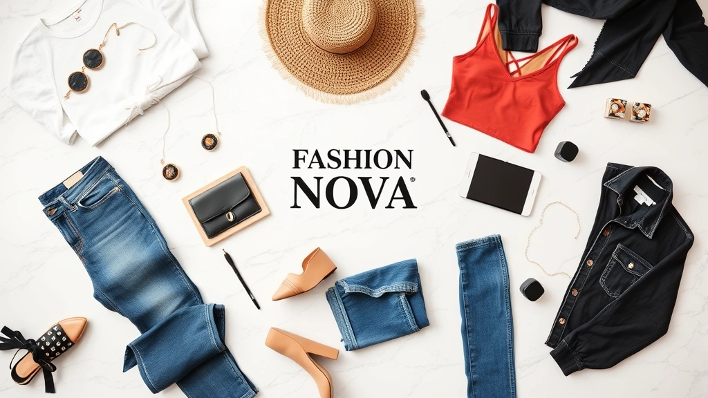 Flat lay of Fashion Nova clothing items including jeans, tops, and accessories arranged artfully on white marble surface with soft shadow, professional product photography, trendy styling