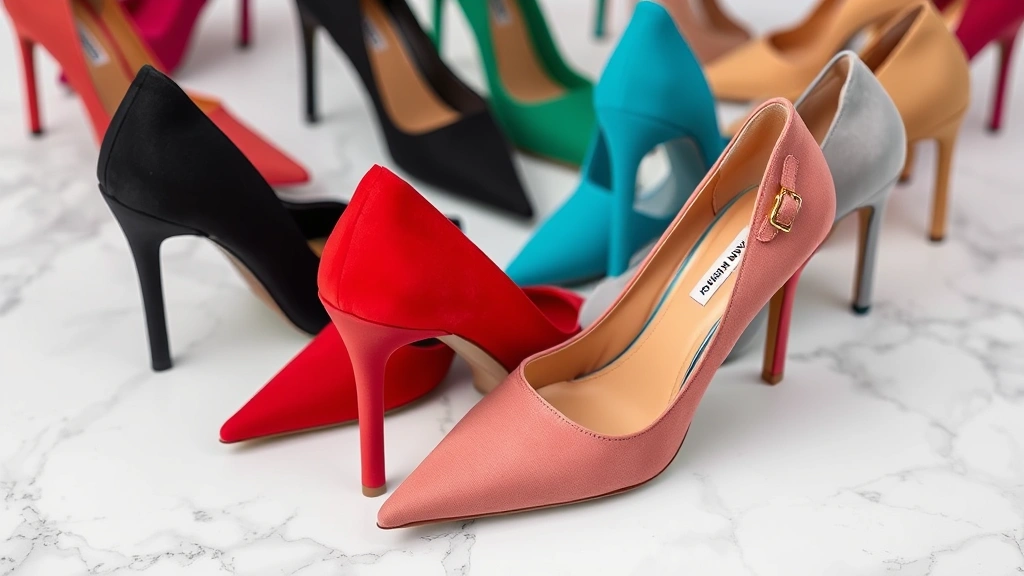 Close-up of Fashion Nova high-heeled shoes in multiple colors arranged on white marble surface, showing heel details and shoe variety, professional product photography style