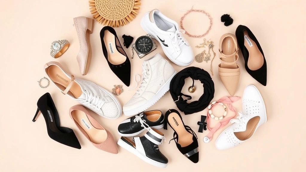 Flat lay of diverse Fashion Nova shoe styles including heels, sneakers, and flats displayed together with complementary fashion accessories on neutral background