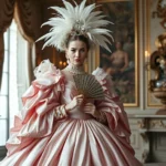 Woman wearing elaborate pale pink silk gown with deep box pleats falling from shoulders, towering coiffure decorated with white feathers and jewels, holding ornate fan, standing in elegant Rococo interior with candlelight