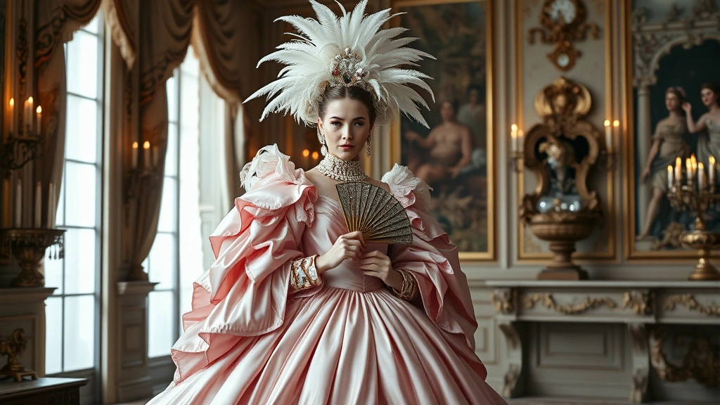 Woman wearing elaborate pale pink silk gown with deep box pleats falling from shoulders, towering coiffure decorated with white feathers and jewels, holding ornate fan, standing in elegant Rococo interior with candlelight