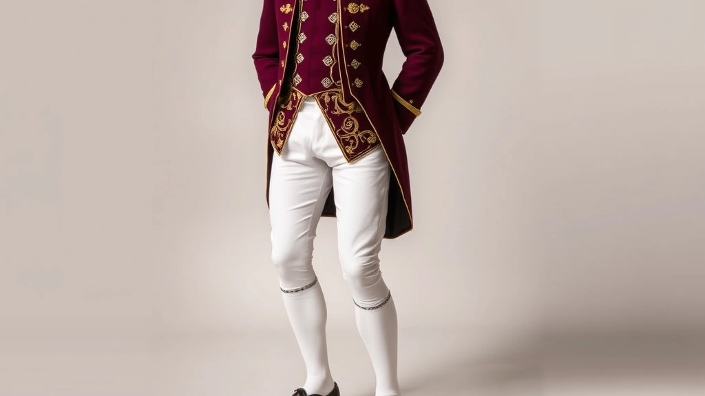 Gentleman dressed in richly embroidered waistcoat with gold threadwork, fitted coat with flared skirts, knee breeches, white stockings with clocking, silver shoe buckles, tricorn hat, refined posture against neutral background