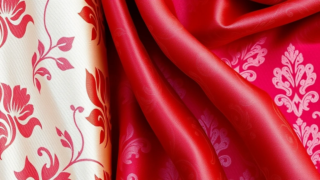 Detail shot of luxurious fabrics: damask with floral weave pattern, watered silk with shimmering effect, brocade with ornamental design, vibrant colors including deep crimsons and pale pastels, elegant draping and texture