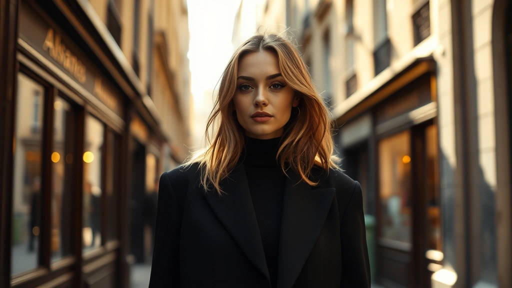 Parisian fashion photographer shooting editorial portrait in historic Marais alleyway with golden afternoon light, vintage storefronts creating bokeh background, model in classic chic black outfit, natural candid moment, film-quality aesthetic, warm tones