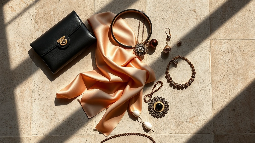 Overhead fashion flat lay arrangement on weathered Parisian limestone surface featuring luxury fashion accessories, silk fabric, vintage jewelry, artistic composition with natural window light casting shadows, sophisticated minimalist styling, professional product photography