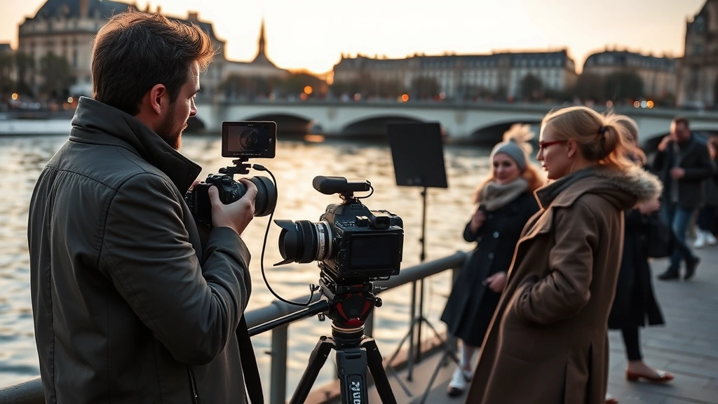 Fashion photographer's behind-the-scenes moment near Seine riverbank with camera equipment, reflective water surface, Parisian architecture silhouettes, golden hour lighting, professional studio setup portable, team of stylists and assistants collaborating, authentic creative environment