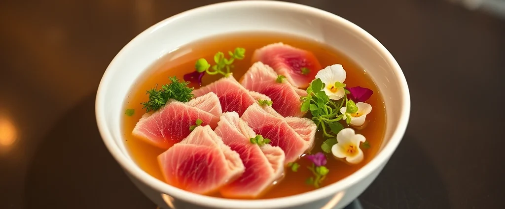 Elegantly plated hot pot broth in minimalist white ceramic bowl with paper-thin wagyu beef arranged in geometric patterns, microgreens, and edible flowers, warm professional lighting, luxury dining aesthetic