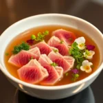 Elegantly plated hot pot broth in minimalist white ceramic bowl with paper-thin wagyu beef arranged in geometric patterns, microgreens, and edible flowers, warm professional lighting, luxury dining aesthetic