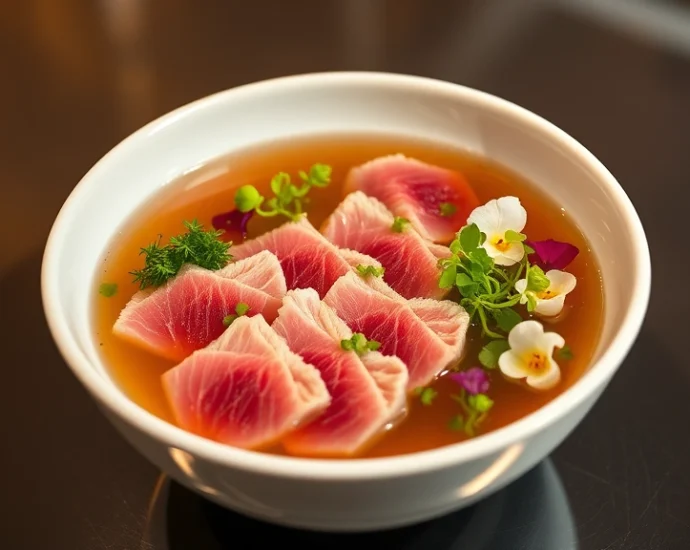 Elegantly plated hot pot broth in minimalist white ceramic bowl with paper-thin wagyu beef arranged in geometric patterns, microgreens, and edible flowers, warm professional lighting, luxury dining aesthetic
