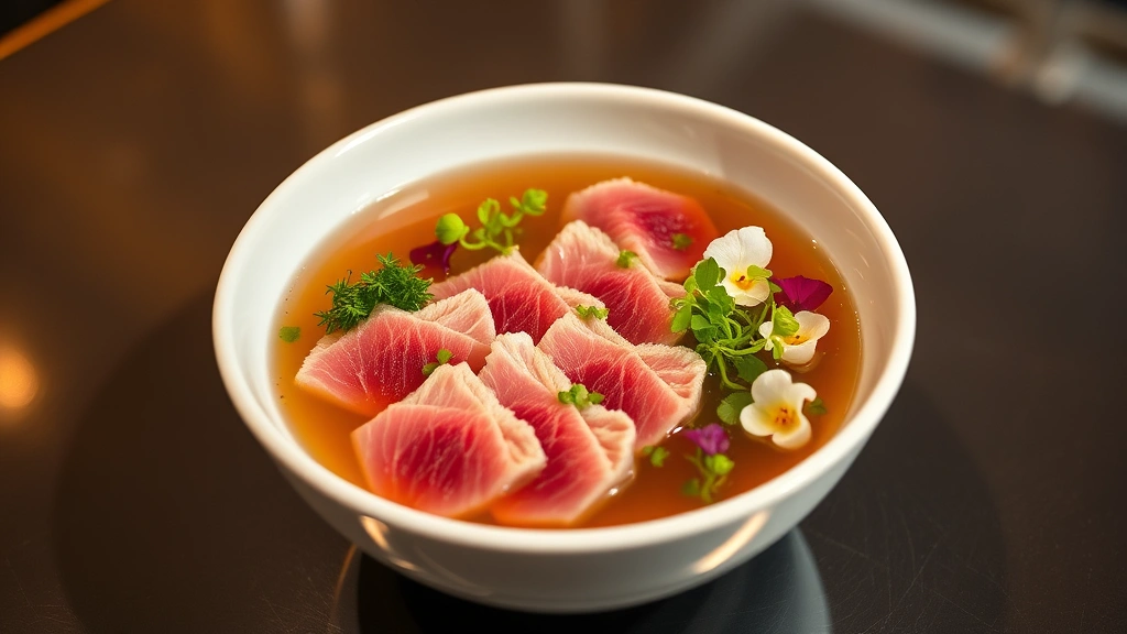 Elegantly plated hot pot broth in minimalist white ceramic bowl with paper-thin wagyu beef arranged in geometric patterns, microgreens, and edible flowers, warm professional lighting, luxury dining aesthetic