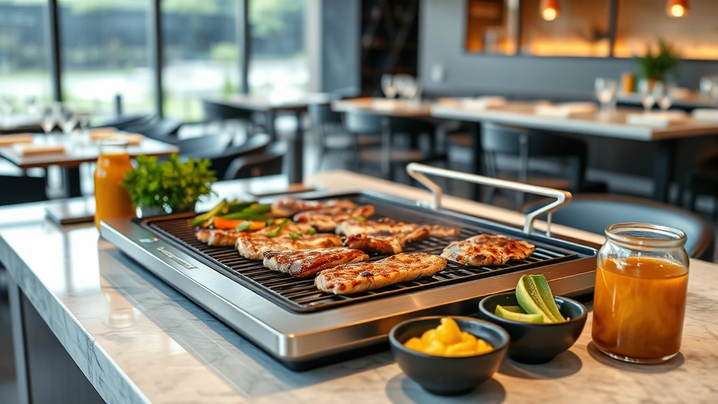 Modern tabletop BBQ grill with sleek design, perfectly grilled premium meats, fresh herbs, pickled vegetables, and artisanal sauces in refined vessels, contemporary restaurant setting