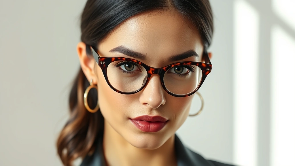 Elegant woman wearing tortoiseshell cat-eye reading glasses, professional attire, natural lighting, close-up of face and frames, sophisticated aesthetic, minimalist background