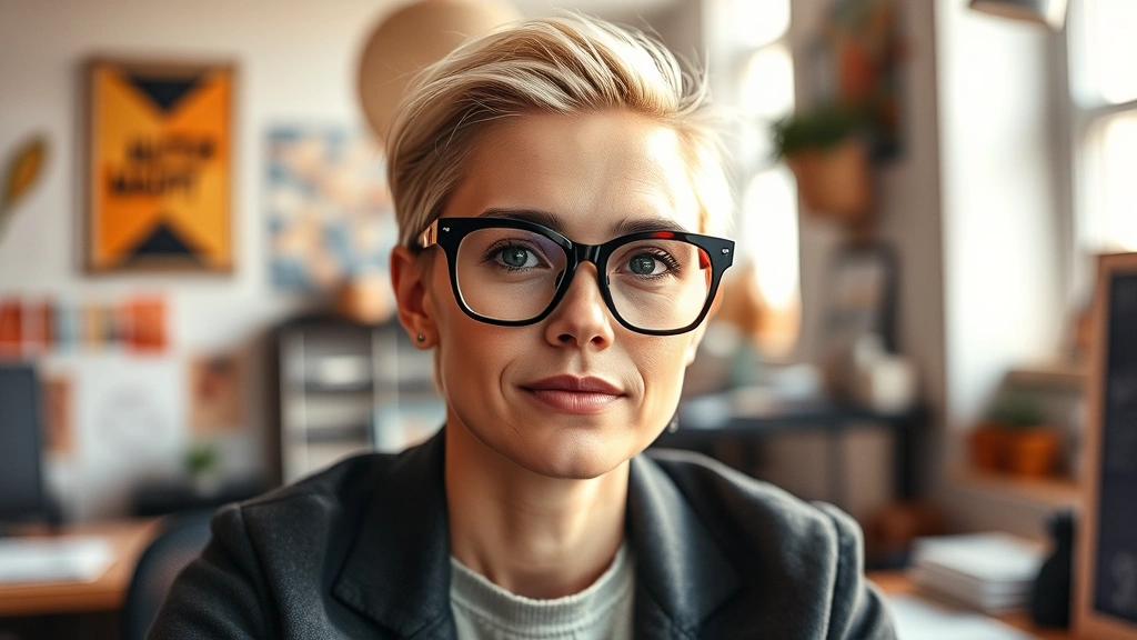 Fashion-forward individual in creative workspace wearing statement geometric reading glasses, paired with contemporary outfit, warm studio lighting, lifestyle photography showing glasses in context