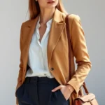 A woman wearing a perfectly tailored camel blazer over a white silk shirt and high-waisted navy trousers, standing confidently with minimalist jewelry and a structured leather handbag, natural lighting, sophisticated and polished aesthetic
