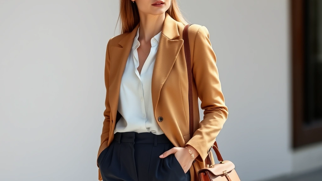 A woman wearing a perfectly tailored camel blazer over a white silk shirt and high-waisted navy trousers, standing confidently with minimalist jewelry and a structured leather handbag, natural lighting, sophisticated and polished aesthetic