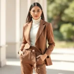 Woman in perfectly fitted neutral capsule wardrobe pieces—cream turtleneck, tailored blazer, high-waisted trousers, classic gold jewelry, standing in bright natural light with confident posture