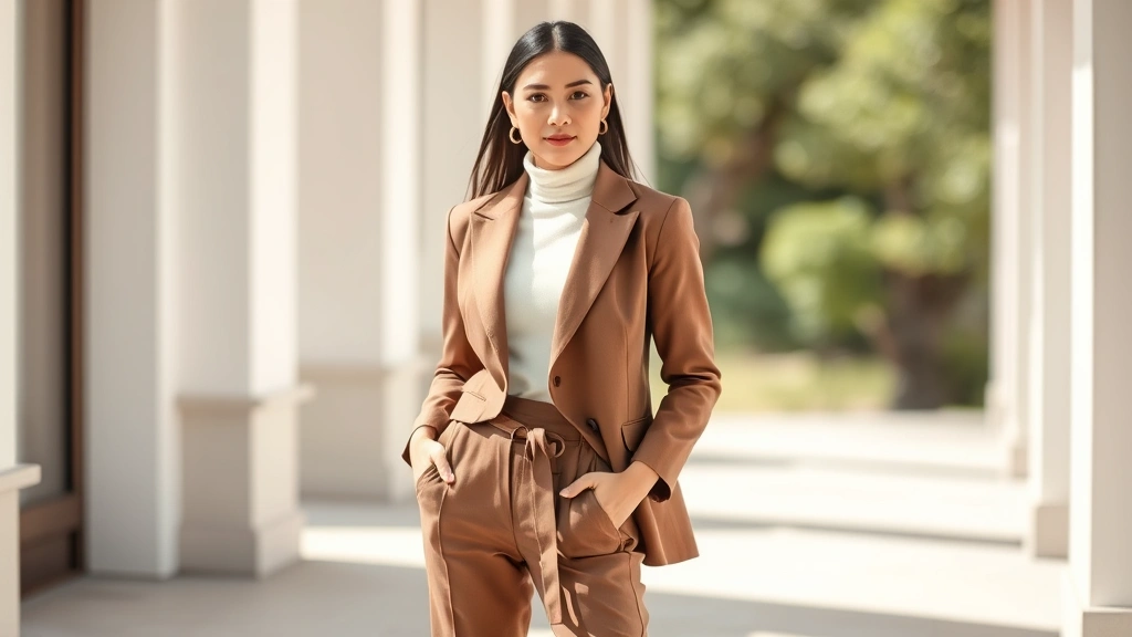 Woman in perfectly fitted neutral capsule wardrobe pieces—cream turtleneck, tailored blazer, high-waisted trousers, classic gold jewelry, standing in bright natural light with confident posture