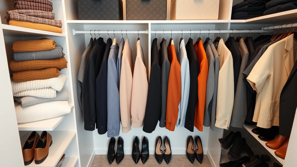 Overhead view of organized color-coordinated closet with neutral base colors and accent colors, showing folded sweaters, hung blazers, and organized shoes demonstrating capsule wardrobe organization
