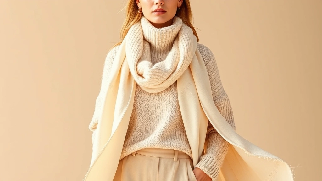 A woman wearing a monochromatic outfit in different shades of cream and beige, layered with a textured sweater and flowing scarf, demonstrating color coordination and proportion balance, confident posture, warm natural lighting
