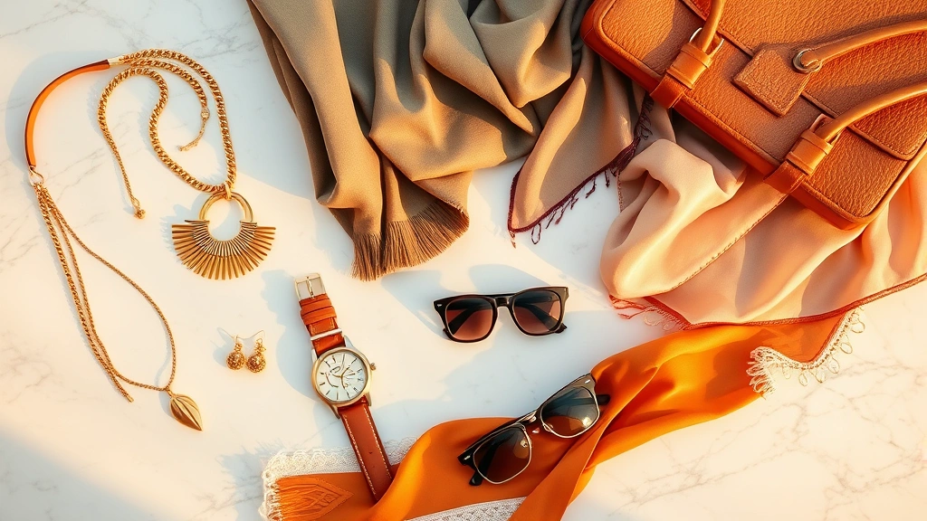 Fashion accessories flatlay featuring gold jewelry, leather handbag, silk scarves, classic watch, and sunglasses arranged artfully on marble surface with warm golden hour lighting