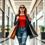 Stylish woman in contemporary fashion outfit walking through modern luxury mall corridor with glass storefronts, natural lighting, carrying designer shopping bags, confident expression, trendy casual-chic clothing
