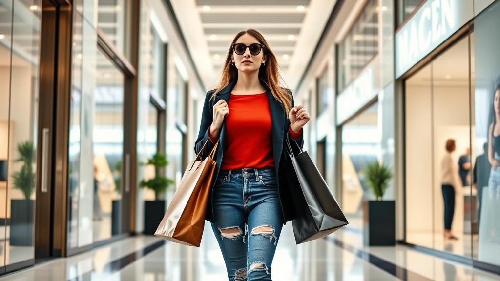 Stylish woman in contemporary fashion outfit walking through modern luxury mall corridor with glass storefronts, natural lighting, carrying designer shopping bags, confident expression, trendy casual-chic clothing