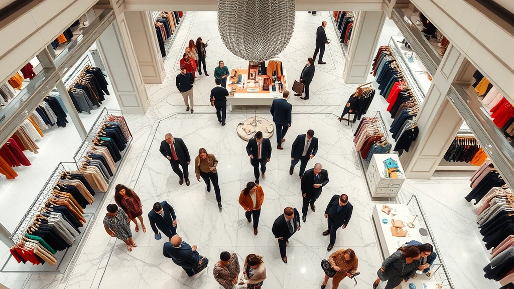 Overhead view of diverse shoppers browsing clothing displays in upscale department store with marble floors, professional styling, bright retail environment, fashion-forward merchandise displays