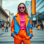 Vibrant maximalist fashion outfit with clashing bold colors—electric blue, hot pink, and burnt orange—worn confidently by a stylish person at a modern urban fashion square, professional photorealistic photography, bright natural lighting, no text or logos visible