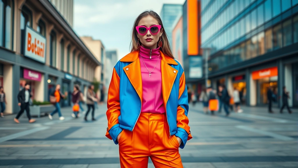 Vibrant maximalist fashion outfit with clashing bold colors—electric blue, hot pink, and burnt orange—worn confidently by a stylish person at a modern urban fashion square, professional photorealistic photography, bright natural lighting, no text or logos visible