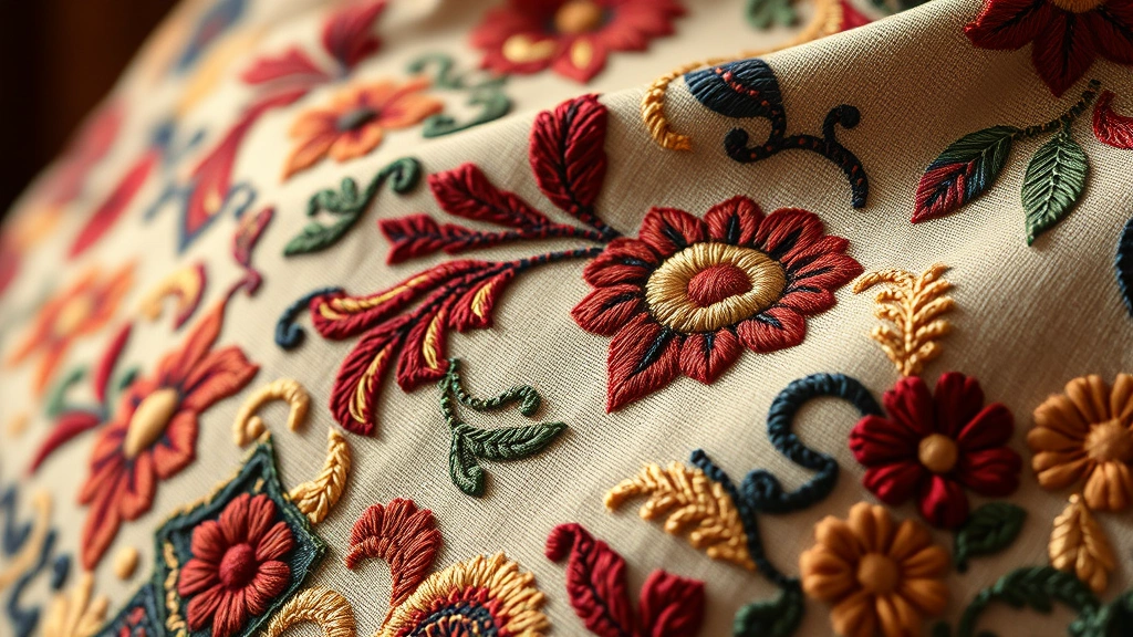 Artisanal handmade fashion details—close-up of intricate hand-embroidery on luxury fabric with traditional craftsmanship, showing skilled embroiderer's work, rich textures and cultural patterns, warm studio lighting, photorealistic quality, no text or branding