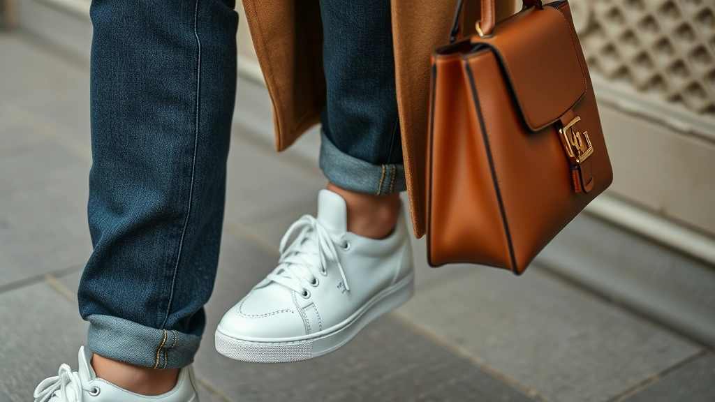 Close-up of luxury white leather sneakers paired with dark-wash jeans and oversized camel blazer, elegant hand holding designer handbag strap