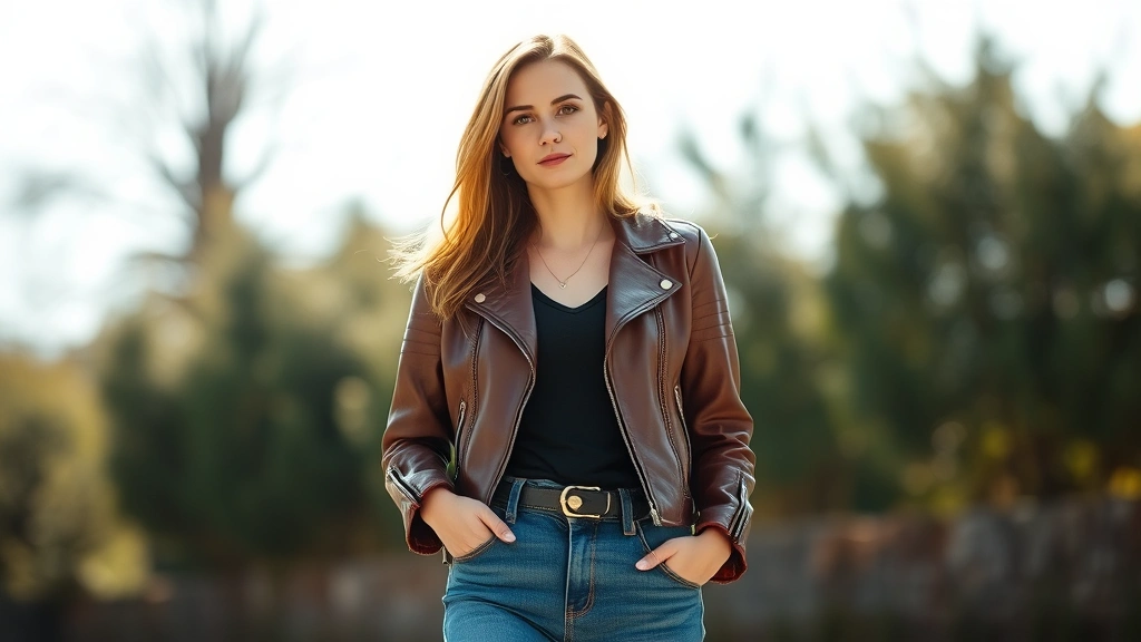 Confident woman wearing vintage leather jacket and classic jeans, standing in natural sunlight, authentic personal style, no logos or text visible, fashion editorial quality