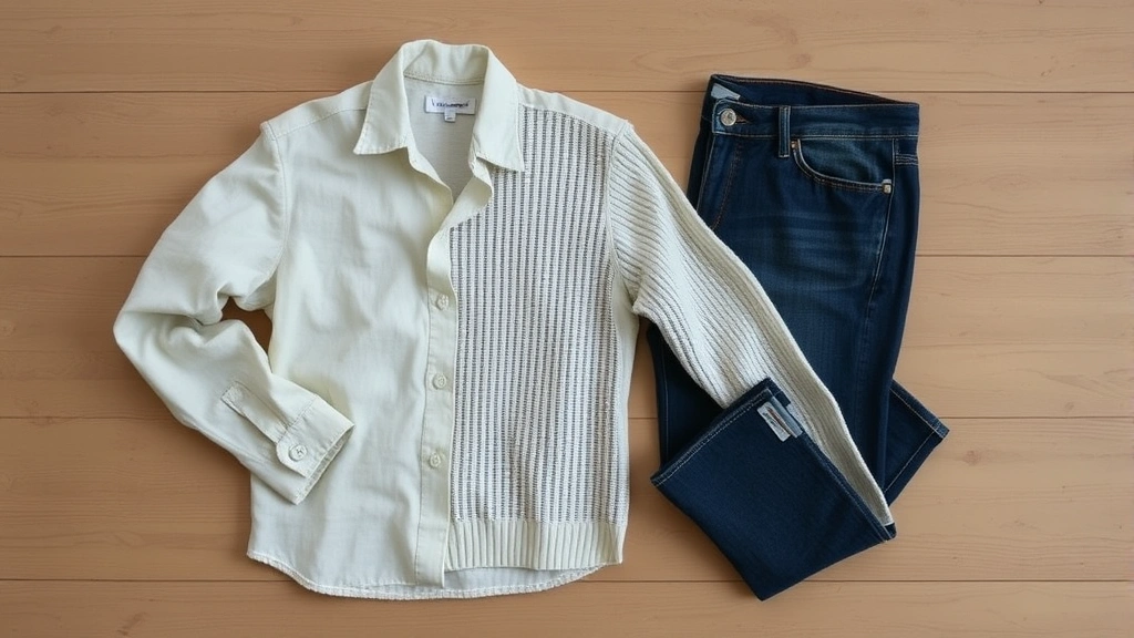 Minimalist wardrobe flat lay featuring neutral-toned sustainable pieces: linen shirt, organic cotton sweater, quality denim, arranged artfully on natural wood surface