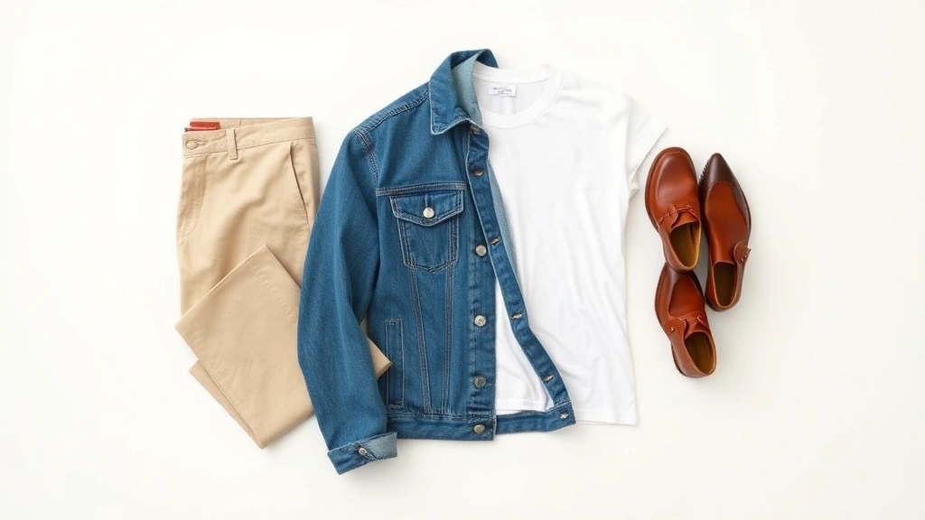 Minimalist wardrobe flat lay with neutral basics—white tee, beige trousers, denim jacket, leather shoes—arranged artfully on light background, sustainable fashion aesthetic