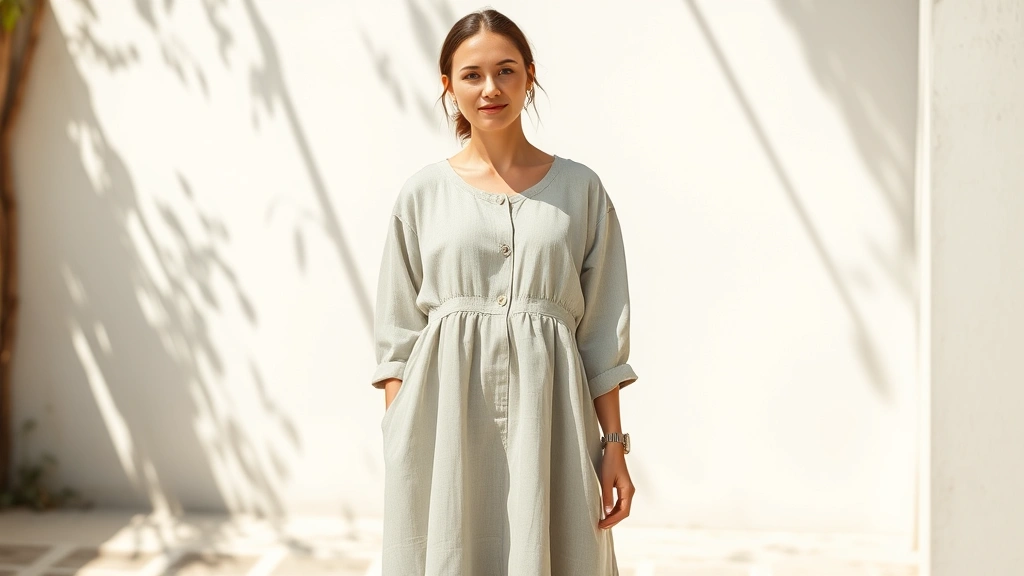 Woman wearing classic sustainable linen dress standing in natural sunlight, confident pose, emphasizing timeless style and quality construction without visible branding or logos