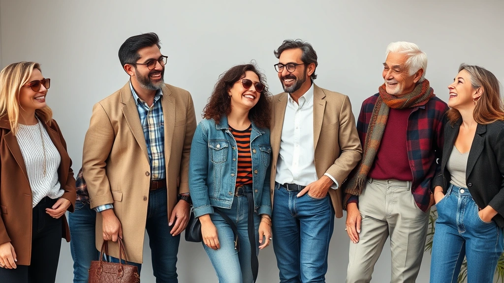 Diverse group of stylish people of different ages wearing different aesthetics together, laughing naturally, representing authentic personal style over trends, professional photography
