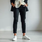 Woman wearing elegant white leather sneakers with tailored black trousers and cream silk blouse, standing confidently in modern minimalist interior, professional casual style, natural lighting