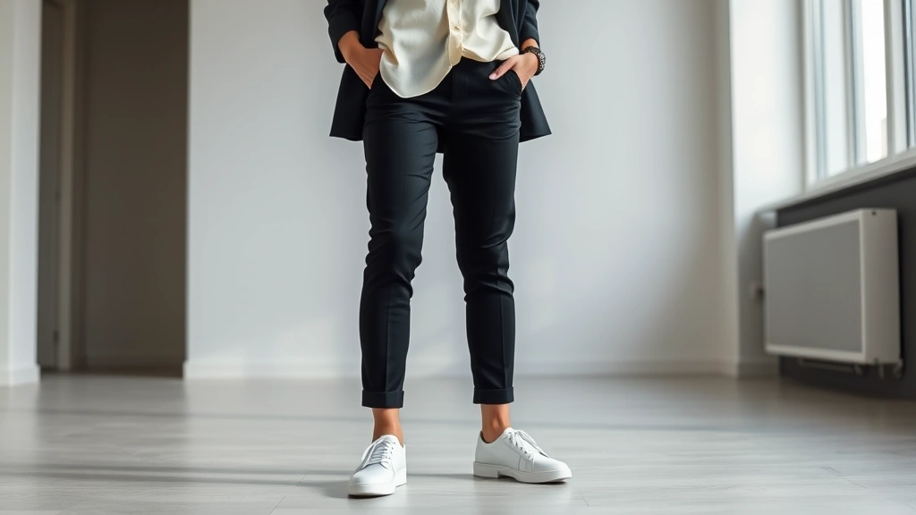 Woman wearing elegant white leather sneakers with tailored black trousers and cream silk blouse, standing confidently in modern minimalist interior, professional casual style, natural lighting