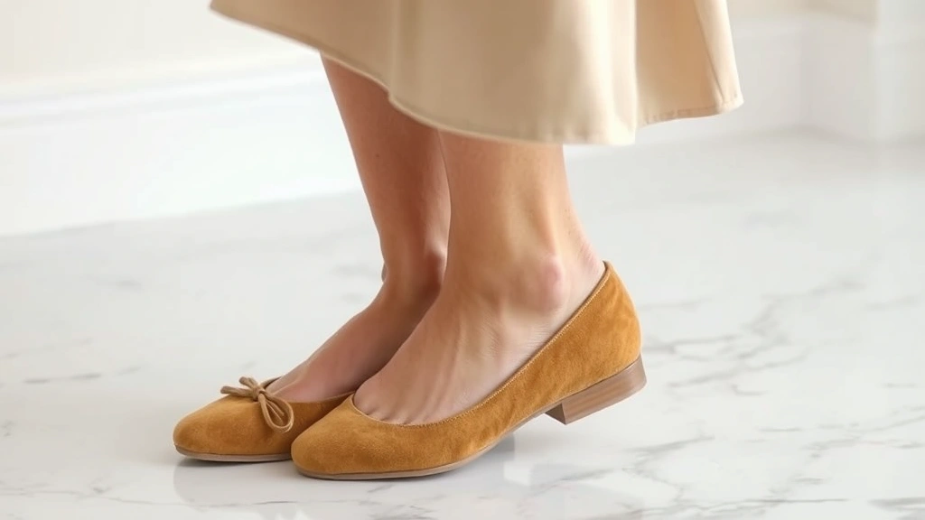 Close-up of woman's feet wearing soft camel suede ballet flats with wide toe box, paired with flowing midi skirt in neutral tone, stepping on marble floor, demonstrating comfortable elegant styling