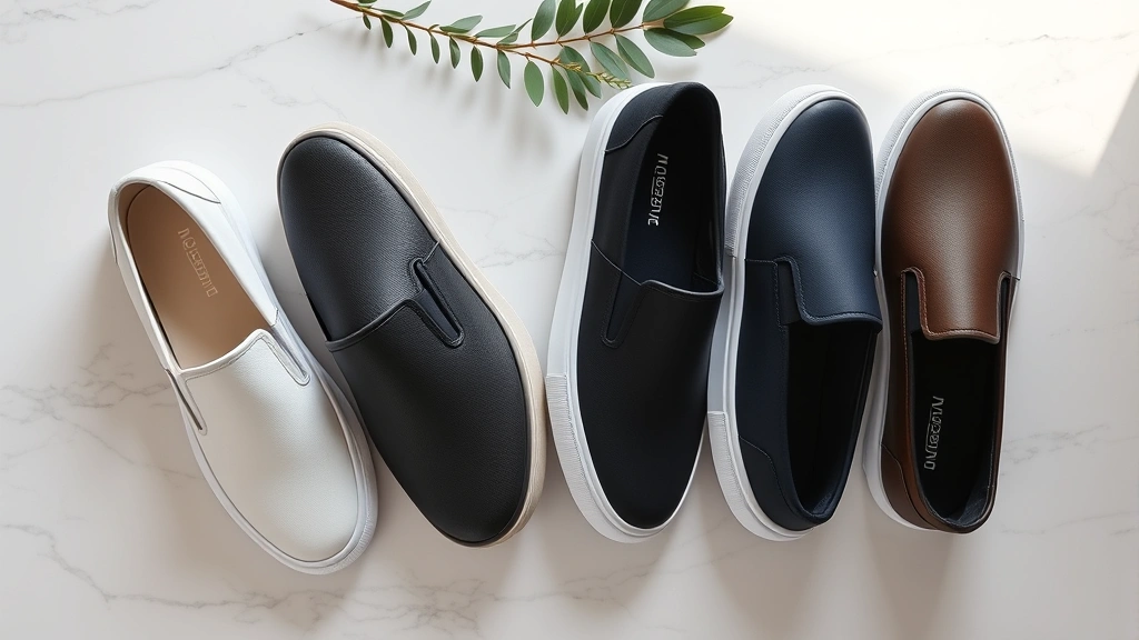 Overhead flat lay of four premium slip-on sneakers in white, black, navy, and cream arranged on marble surface with minimalist styling elements, natural lighting