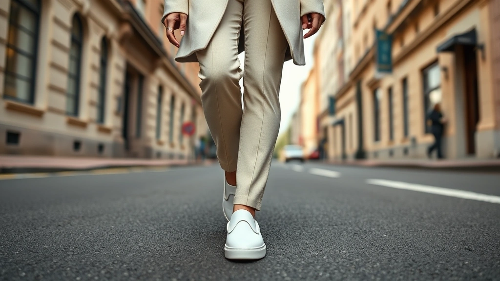 Woman wearing white slip-on sneakers with tailored beige trousers and oversized cream blazer walking confidently on urban street, shot from waist down, natural daylight