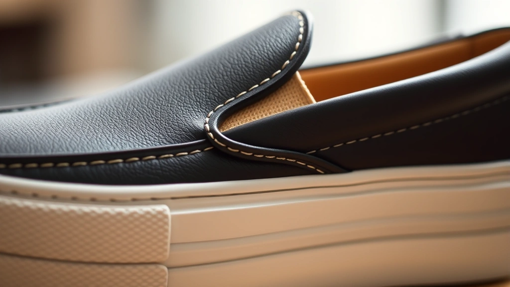 Close-up detail of premium slip-on sneaker showing quality stitching, leather material texture, and cushioned insole, product photography style with soft studio lighting