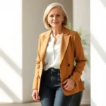 Elegant mature woman wearing tailored camel blazer over white silk blouse, paired with dark-wash jeans and classic black leather loafers, standing confidently in natural sunlight with soft smile, professional polished look