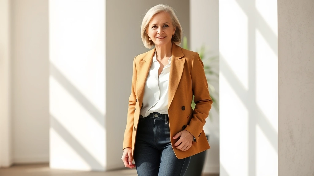 Elegant mature woman wearing tailored camel blazer over white silk blouse, paired with dark-wash jeans and classic black leather loafers, standing confidently in natural sunlight with soft smile, professional polished look