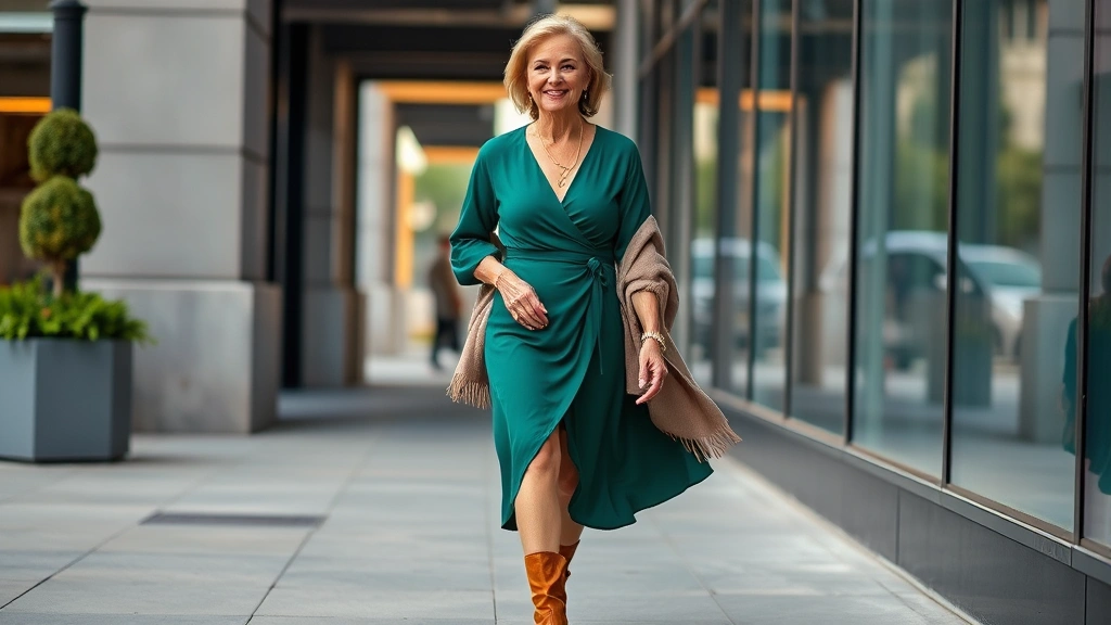 Sophisticated woman 60+ in midi-length emerald wrap dress with delicate gold jewelry, cashmere wrap, and cognac leather ankle boots, walking in upscale urban setting with confidence and grace