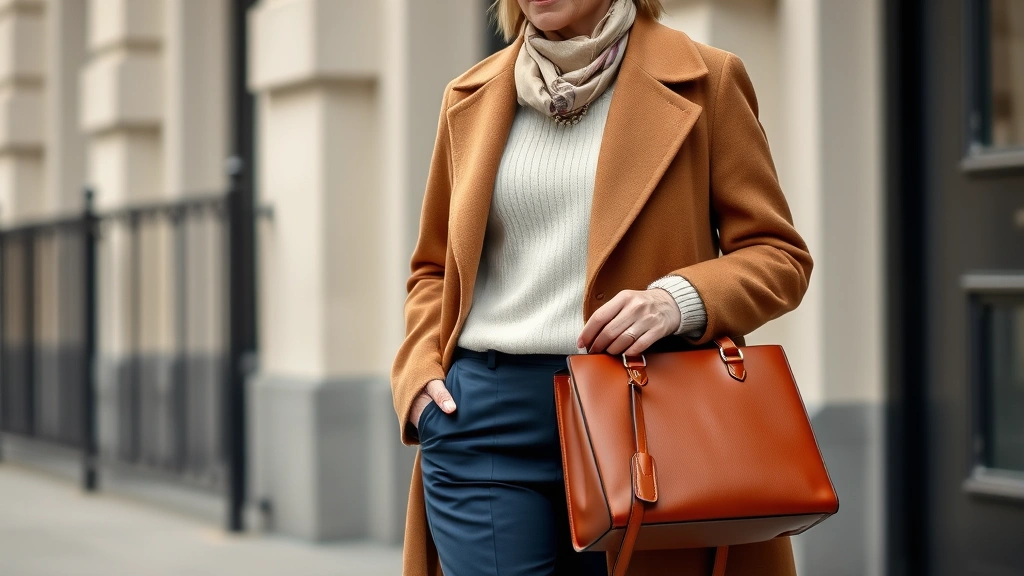 Stylish mature woman wearing navy straight-leg trousers, tucked-in cream cashmere sweater, structured camel coat, holding quality leather handbag, accessorized with silk scarf and pearl jewelry, embodying timeless elegance