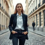 Elegant Parisian woman wearing classic white button-down shirt, navy blazer, and dark jeans, standing on cobblestone street with minimalist neutral background, natural lighting, sophisticated effortless style